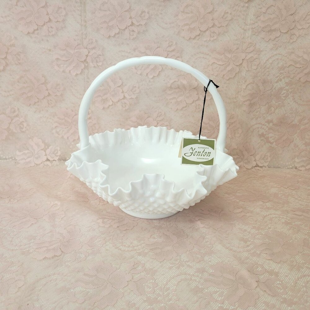 Fenton Hobnail Milk Glass Basket in Original Box with Tag - Picture 7 of 7